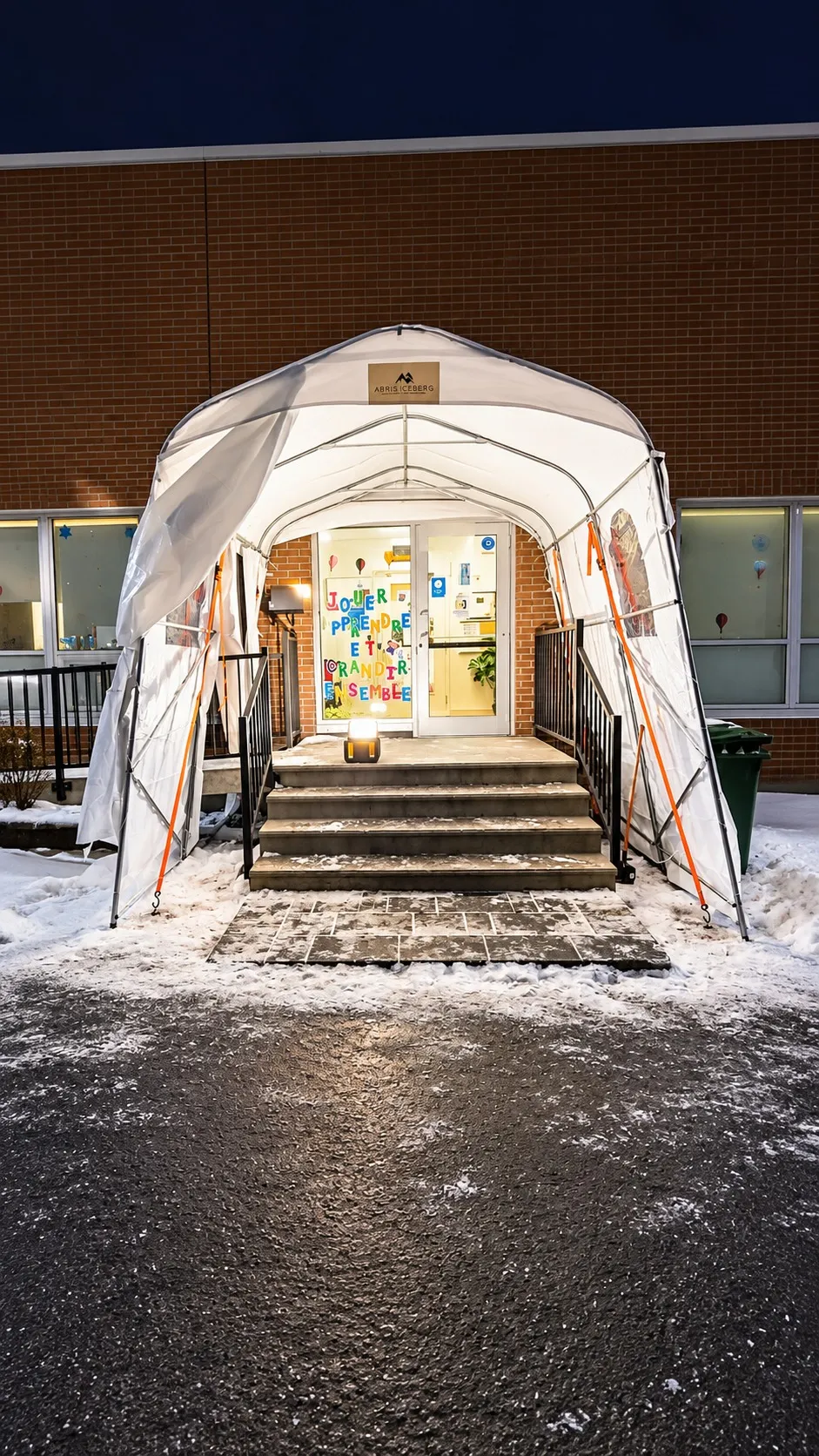 Vestibule Abris Iceberg au-dessus des marches d'entrée d'une garderie, le soir, avec de la neige au sol.
